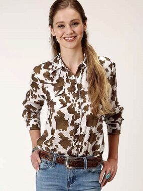 Roper Cow Print Western Blouse Snap Front Rayon Cowgirl Shirt Brown White